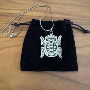 Signed  PNW Native Design Sterling Silver Necklace with Carved Frog Pendant